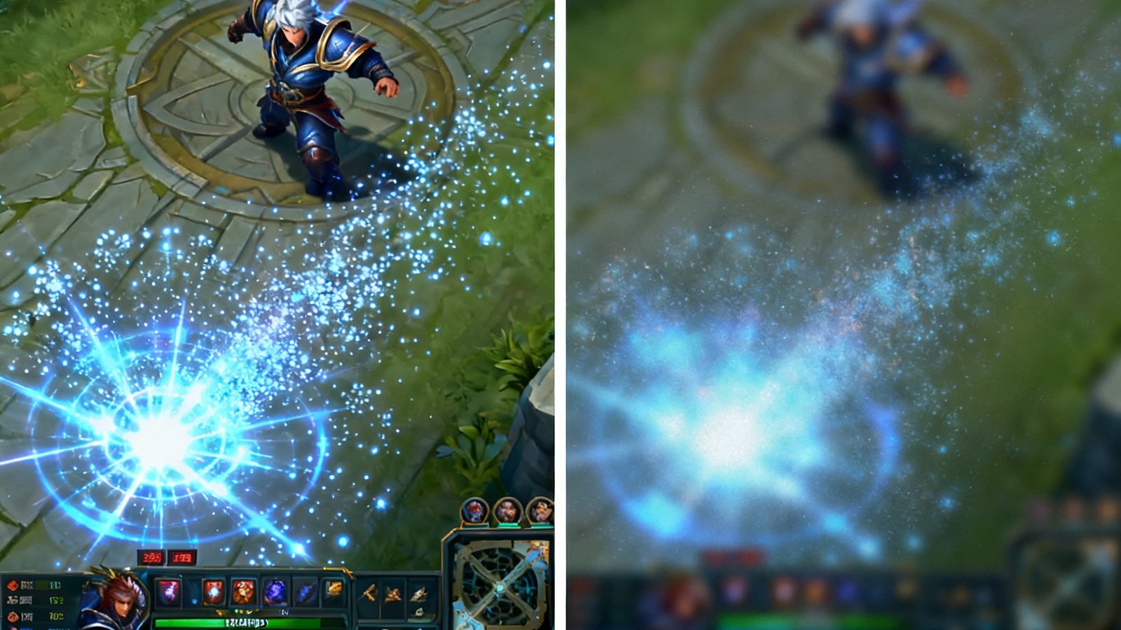 同一帧LOL比赛画面在4K超清与1080P分辨率下的细节对比图，左侧4K画面中英雄技能特效的粒子细节清晰可见，右侧1080P画面则明显模糊，底部标注分辨率数据和带宽要求。